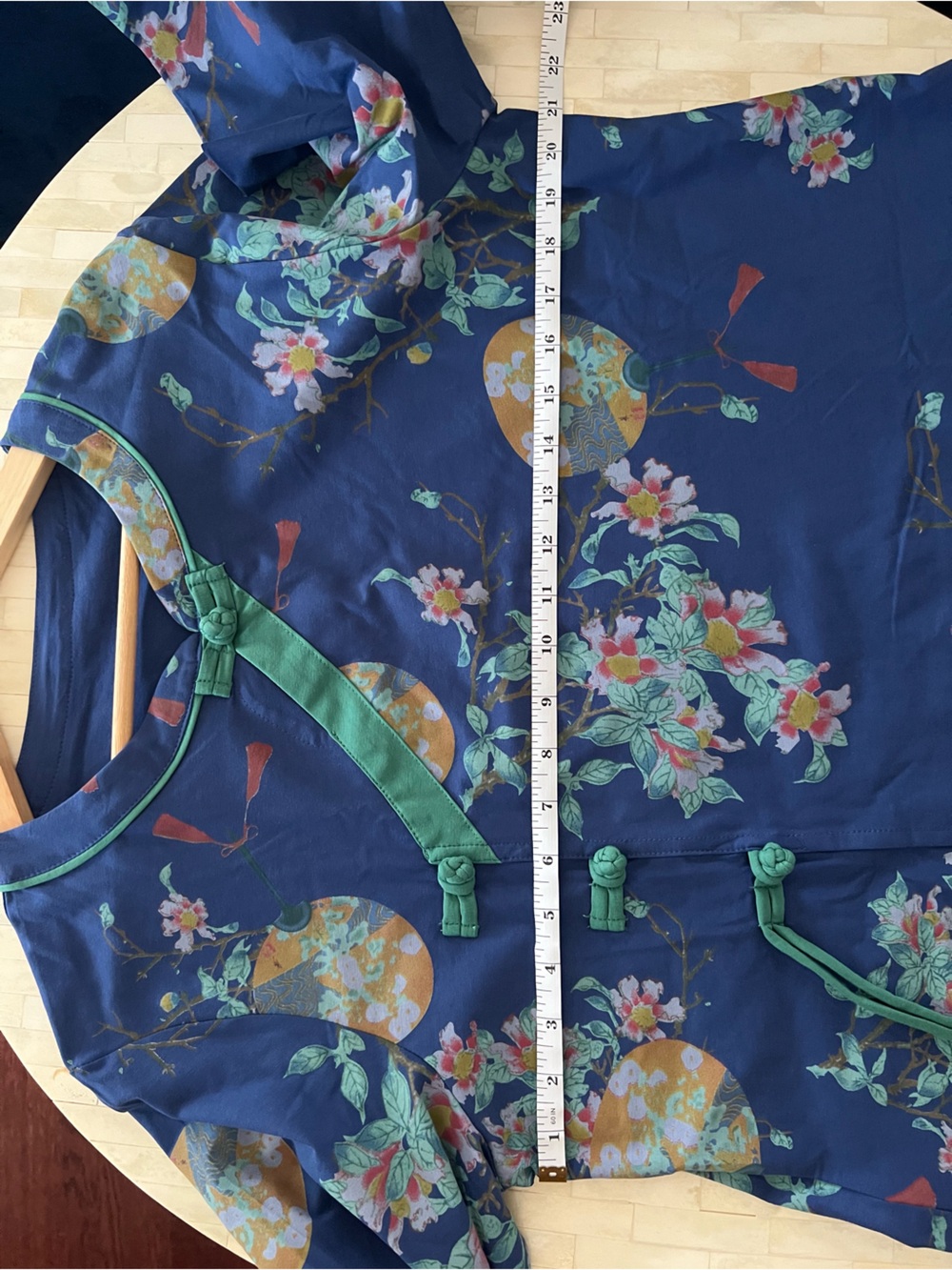 Asian inspired Navy Floral Two-Piece Pajama Set with Green Trim - Picture 8 of 12